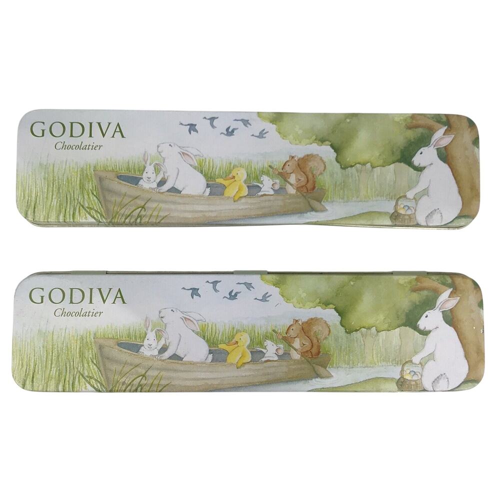 Vintage Godiva Tins Lot of 2 Easter Bunny Rabbits Duck Squirrel Rectangle Hinged